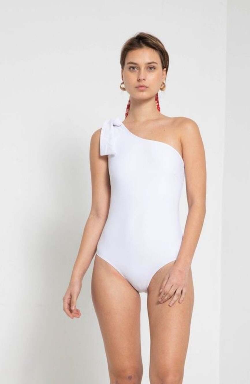 Marina West Swim Deep End One-Shoulder One-Piece Swimsuit in White, XXL